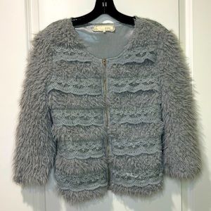 Areve Gray Faux Fur & Lace Zippered Jacket Size Large